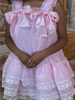 Selkie Pink Bow Puff Dress Ruffle Babydoll Coquette Princess Mini Dress